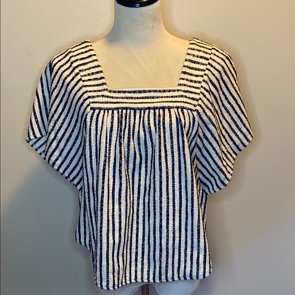 Madewell Blue and White Boxy Cap Sleeve Blouse